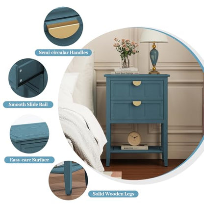 vistavie 22" Blue End Table with 2 Drawers and Open Shelf, Accent Side Table with Storage, Gold Handles and Solid Wood Legs for Living Room, Sofa Side - color: Blue Set of 1
