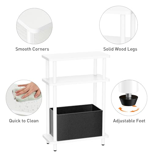 THUMEYE Narrow Side Table with Fabric Basket, 7" Wide, 3 Tier Skinny End Table with Wood Legs, Slim Nightstand/Bedside Table for Small Spaces, with Adjustable Feet, 15.7" L x 23" H, White - color: White, size: 3-Tier