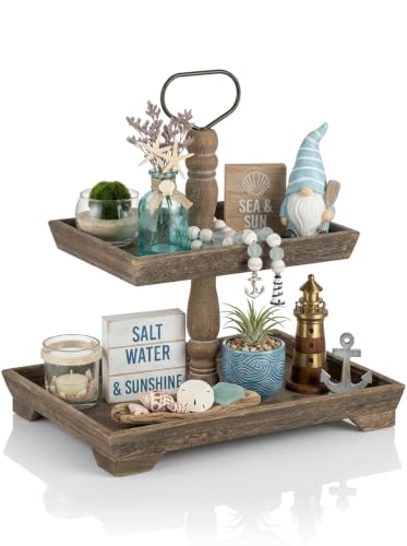 Hanobe 2 Tiered Decorative Trays Stand Coastal Beach Coffee Table Decor | Farmhouse Wood Display for Kitchen Counter, Rustic Brown - color: Rustic Brown