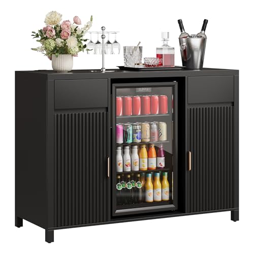 Garvee 53" Coffee Bar Cabinet with Fridge Space & Charging Station, Mini Fridge Cabinet with Wine Rack, Large Buffet Sideboard Table, Fluted Liquor Cabinet for Living Room, Dining Room, Kitchen, Black