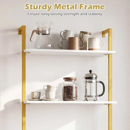 Giantex Ladder Shelf, 3-Tier Wood Wall Mounted Bookshelf with Metal Frame, Modern Open Storage Rack and Display Shelves, Wooden Floating Shelving Unit for Living Room, Home Office (Gold+White)
