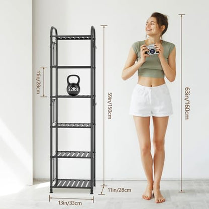 PouHenier.jh 6 Tier Tall Metal Narrow Skinny Shelf Free Standing for Bathroom, Thin Shelving Unit for Pantry or Kitchen, Slim Open Tower Rack with 10 Hooks, Space Saving and No Tools Assembly (Black)