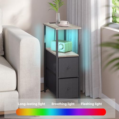 TUTOTAK Small Narrow LED End Table with Charging Station, Side Table Outlets, Nightstand with 2 Cloth Drawers, Set of 2, Couch Table, for Living Room, Bedroom, Bedside, Greige TB01BG056 - color: Greige, style: 2 Drawers with Plug & Light