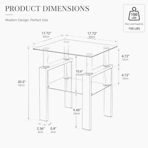 Meihua Glass End Table, Square Glass Side Table, 2-Tier Modern Nightstand with Metal Legs for Living Room&Bedroom (Transparent, 1pc) - color: Transparent, size: 1pc
