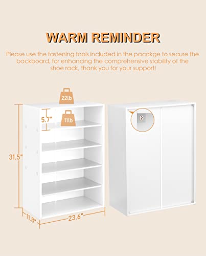 HAIOOU 5 Tier White Shoe Rack with One Movable Storage Shelf, 24 Inches | Stackable Wooden Shoe Organizer Freestanding shoe stand, Holds 10-15 Pairs, Fits Entryways, Closets, Dorms, Apartments