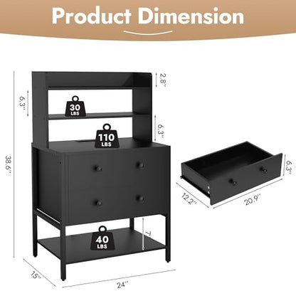39 Inch Tall Nightstand with 2 Drawers & Charging Station, Black | 4-tier Open Shelves, P2 Particle Board, Steel Frame, 2 AC Outlets, 2 USB Ports, Suitable for Dorm and Apartment - color: Black