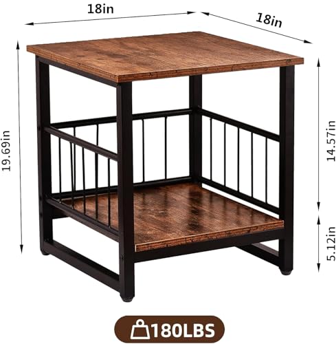 End Table, Industrial Side Table with 2-Tire Storage Shelf, 180LBS Mini Fridge Stand with Adjustable Feet, 18"x18" Wood Night Stand Small Bedside Table with Sturdy Metal Frame for Living Room Bedroom - color: Rustic Brown 1pc 18inch