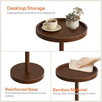 HOOBRO Small Round Side Table, Bamboo Drink Table, Coffee Martini Table with Pedestal Accent for Small Spaces in Living Room, Bedroom, Sofa Couch, Mocha MA235BZ01 - color: Mocha