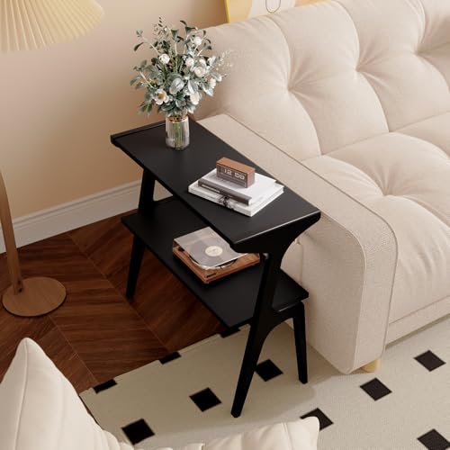 Solid Wood End Table, 2-Tier Side Table with Storage Shelf, Wooden Modern Accent Slim Bedside Table for Sofa, Living Room, Bedroom, Small Space, Easy Assembly, Black - color: Black