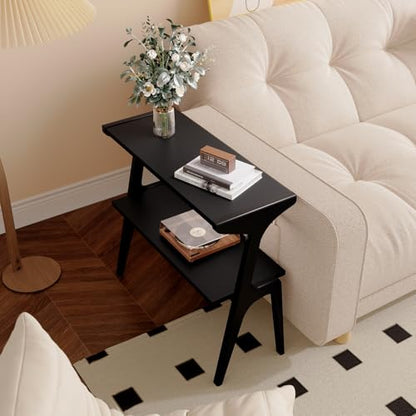Solid Wood End Table, 2-Tier Side Table with Storage Shelf, Wooden Modern Accent Slim Bedside Table for Sofa, Living Room, Bedroom, Small Space, Easy Assembly, Black - color: Black