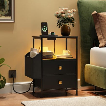 MALOL Night Stand with Charging Station & Led Light Strip, Bedside Table with Open Shelf & 2 Fabric Drawers and Reversible Side Storage Pocket, Modern End Table Bedroom,Living Room,Black - color: Black, size: Set of 1