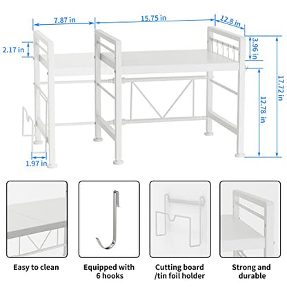 YIUKEA Extendable Microwave Oven Rack - Adjustable Kitchen counter shelf, 2 Tier Microwave Stand (L15.7~23.6" xW12.8 xH17.7) with 6 Hooks for Kitchen Countertop Organizer (White) - color: White