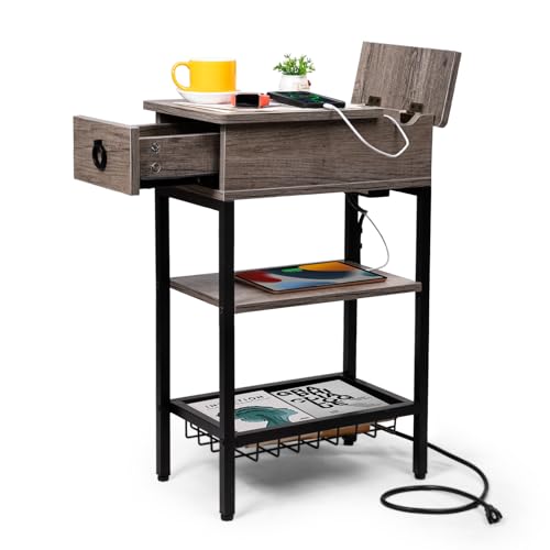 Small Gray Side Table Charging Station for Bedroom, Narrow Grey Living Room End Tables with Storage, Skinny USB Nightstand with Outlet, Gaming Coffee Table for Couch with USB Ports - color: Elegent Grey, style: Modern