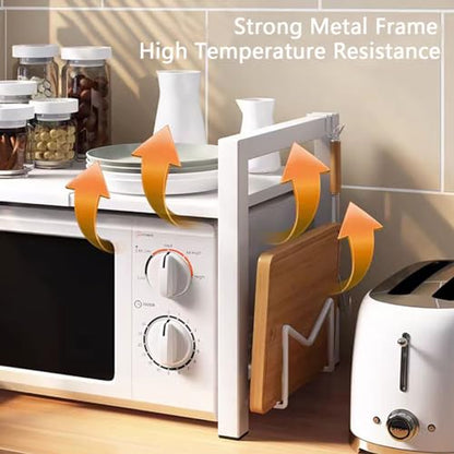 2-Tier Expandable Microwave Stand, Extendable Microwave Oven Rack with Storage Shelf Heavy Duty with 6 Hooks and Chopsticks Cutting Board Tools Holder for Kitchen(15.7~24.8" L) - color: White