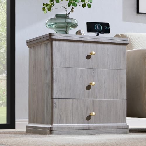 23.6" Tall Modern Nightstand with Charging Station, Wood Bedside Table with 3 Storage Drawers, Large Mid Century Night Stand for Bedroom, Curved Waterfall Edge, Metal Handle, Light Grey - color: Light Grey, size: 3 Drawers