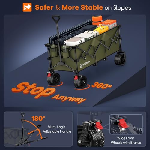 Originsure 300L Collapsible Beach Wagon Cart with Big Wheels, 560lbs, Green | 48" Foldable Utility Wagon,7" All-Terrain Wheels,Heavy Duty Frame,Compact&Space-Saving,for Camping,Sports,Grocery,Garden - color: Green