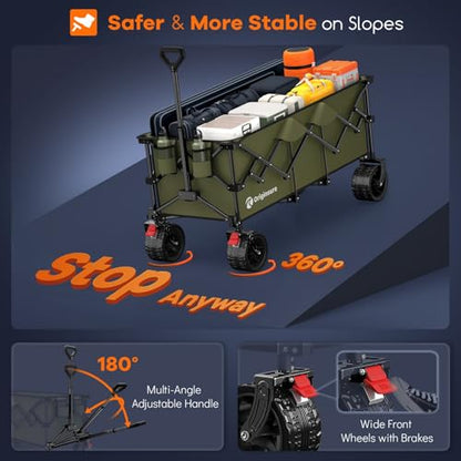 Originsure 300L Collapsible Beach Wagon Cart with Big Wheels, 560lbs, Green | 48" Foldable Utility Wagon,7" All-Terrain Wheels,Heavy Duty Frame,Compact&Space-Saving,for Camping,Sports,Grocery,Garden - color: Green
