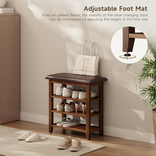Shoe Bench with Leather Cushion,Rubberwood Bench with Shoe Rack | 3-Tier Shoe Storage Organizer for Entryway,Hallway,Living Room - size: 3-Tier-23.6"
