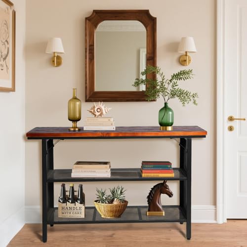 LOKKHAN 47.2 Inch Industrial Console Table with Storage Shelves – Solid Wood Top for Sturdiness, Black Metal Frame with Mesh Design for Airy Look | Perfect for Entryway, Living Room, Hallway