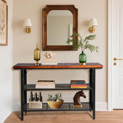 LOKKHAN 47.2 Inch Industrial Console Table with Storage Shelves – Solid Wood Top for Sturdiness, Black Metal Frame with Mesh Design for Airy Look | Perfect for Entryway, Living Room, Hallway