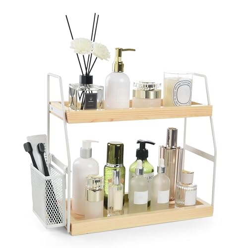 Bathroom Counter Organizer, 2-Tier Standing Storage Shelf with Basket, Wood Tray for Skincare Vanity Organizer(White) - style: 2 Tier White