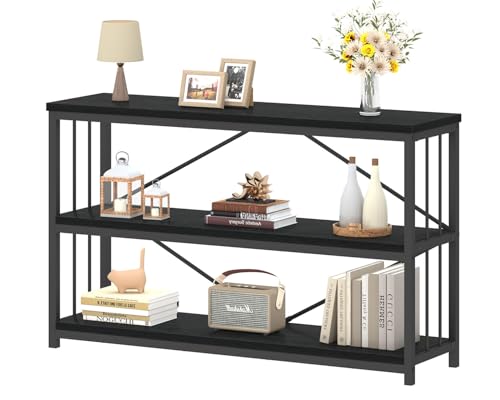 Low Horizontal Book Shelf, Industrial Modern 3 Tier Bookshelf, Farmhouse Short Open Storage Organizer Long Shelf, Simple Wide Wood Metal Sturdy Etagere for Bedroom Living Room, Black Oak, 47 in - color: Black Oak, size: 47 Inch