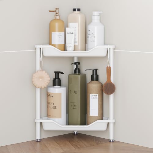 Orimade Rustproof 2 Tier Floor Standing Corner Shower Caddy Organizer, Plastic Aluminum Splicing Floor Corner Shelf Rack Stands for Bathroom, White - color: White, size: 2 Tier