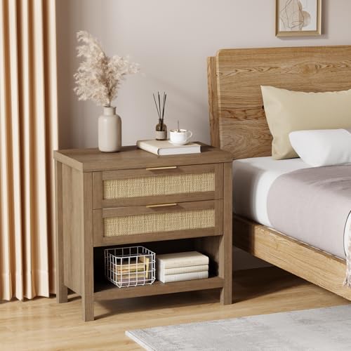 Eclatara Rattan Nightstands Set of 2, Farmhouse Bedside Table with 2 Drawers and Storage Shelf, Rattan Boho Accent Night Stands for Bedroom Large Space Sofa (2, Reclaimed Caramel Oak) - color: Caramel Oak (Large 2 Drawer)