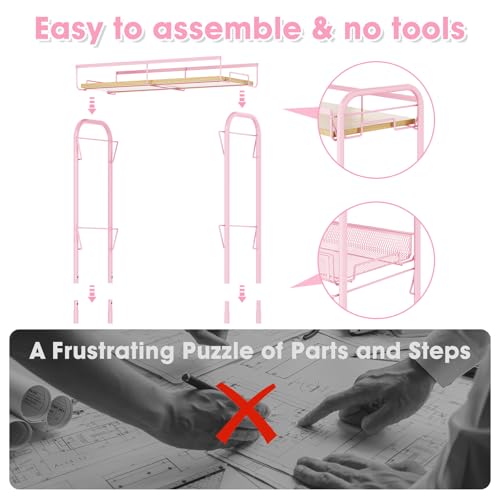 TOOLF 4-Tier Rolling Cart, Metal Utility Cart, Slide Out Storage Cart with Wooden Tabletop and Mesh Baskets, Easy Assemble Trolley for Kitchen Bathroom Laundry Room Bedroom Apartments Dormitory - size: Wide, style: Pink