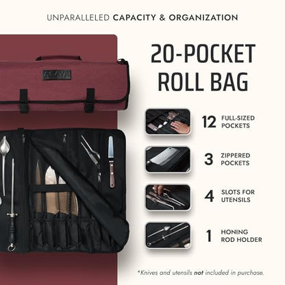 Asaya Waxed Nylon Chef Knife Roll Bag with 20 Slots and Zippered Pockets - Professional Chef Knife Bag & Storage Case, Tool Carrier with Shoulder Strap - Knives Not Included (Red) - color: Red