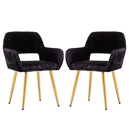 KCC Desk Chair No Wheels Makeup Vanity Chair for Living Room,Set of 2,Black | Faux Fur Chair Modern Dining Room Arm Chairs Mid-Century Accent Upholstered Club Guest Chair with Metal Tube Legs for Kitchen - color: Black+faux Fur, size: Set of 2