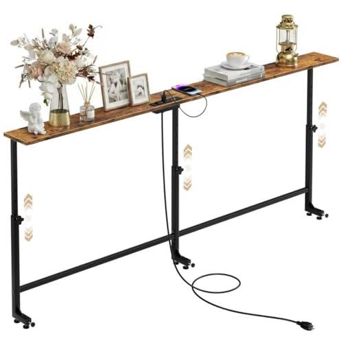 Faesun 70.9 Inch Behind Couch Table, 24"-32" Adjustable Height Range, Behind The Couch Table with Outlet, Adjustable Console Table, Narrow Long Sofa Table, for Living Room, Rustic Brown - color: Brown, size: 70.9"w x 5.9"d (C-shaped)