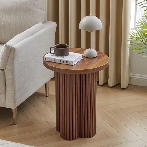 Round Fluted End Table, 17.7'' Mid Century Modern Side Table, Circle Bedside Tables Drink Table Wood Nightstand for Small Spaces, Living Room (Walnut-1PCS) - color: Walnut-1pcs