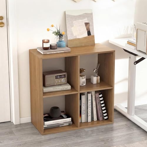 POWERSTONE 4 Cube Storage Organizer, 2 Tier Cubby Bookshelf, Natural | Freestanding Bookcase w/Back Guardrail, Open Back Display Rack for Living Room, Bedroom, Study - color: Natural, size: 4 Cubes