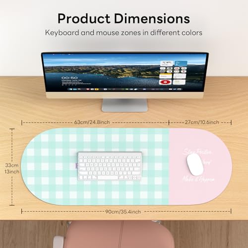 Checkered Pattern Desk Pad Protector, 35.5 x 13'' Aesthetic Mouse Mat for Desktop, Waterproof PU Leathe Non-Slip Desk Writing Pad for Office and Home, Blue-Green Pink - color: Blue-green Pink
