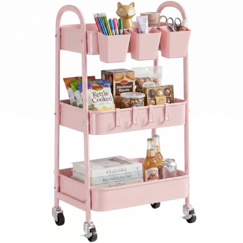 danpinera 3-Tier Rolling Cart, Utility Cart Mobile Metal Rolling Storage Cart with Lockable Wheels & Hanging Cups & Hooks for Kitchen, Bathroom, Office, Workshop, Pink - color: Pink, size: Normal (3 tier)