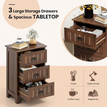 Giantex Nightstand with 3 Drawers, Bedside Table with Exquisite Metal Handles, Accent Table Sofa Side Table with Anti-toppling Device for Bedroom, Study, Walnut - color: Walnut