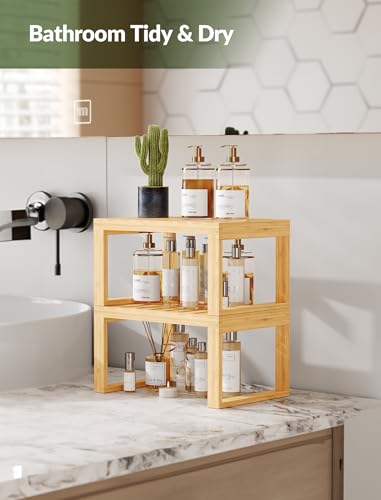 Tomorotec Bamboo Cabinet Shelf, 2 Pcs Kitchen Counter Shelf, Space-Saving Cabinet Organizer for Kitchen, Bathroom and Desk, Multifunctional Storage Rack for Spices, Cans, Toiletries and Stationery