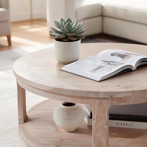 Coffee Table Round 40 inch for Living Room Modern 2-Tier Solid Wood Desktop Coffee Tables with Stroage Casters Circle Drum Tea Wooden Handcraft Home Furniture for Apartment Easy Assembly Oak - color: 40 Oak 2-tier