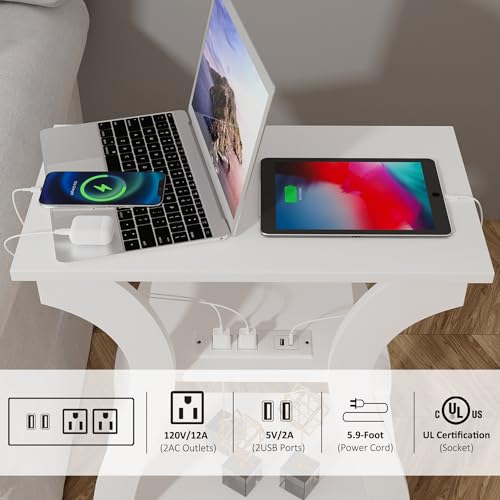 FROMJBEST End Tables Living Room, White End Table with Charging Station | Side Table Living Room, with USB Ports and Outlets, Nightstand for Bedroom, 3-Tier Storage Shelf, Bedside Table - color: White01