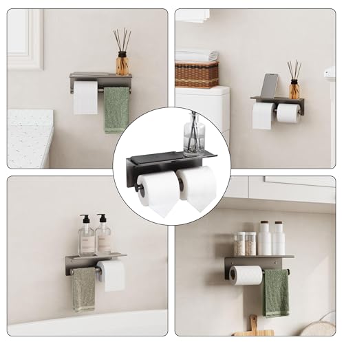 Grey Toilet Paper Roll Holder with Shelf Wall Mounted for Bathroom (Grey, Double Head) - color: Gunmetal Grey