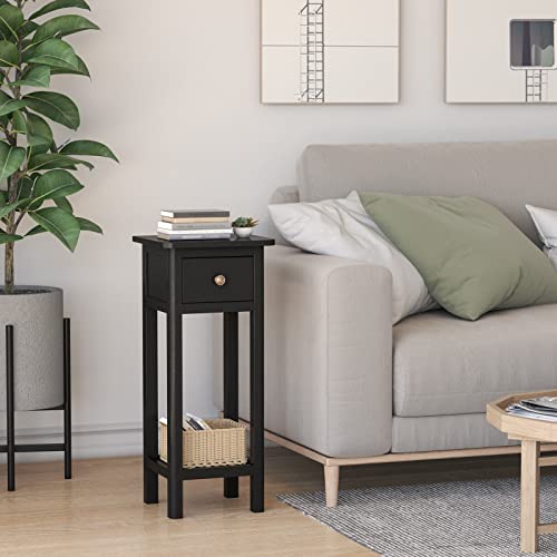 Giantex Tall End Table, Narrow Side Table with Drawer and Shelf, Acacia Wood Nightstand for Living Room, 2-Tier Bedside Table for Small Space, No Assembly, Black - color: Black