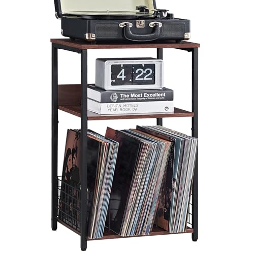 LELELINKY 3 Tier End Table,Record Player Stand with Storage Up to 100 Albums, Turntable Stand for Vinyl, Walnut Couch Nightstand Side Tables for Living Room Bedroom - color: Walnut, size: Medium