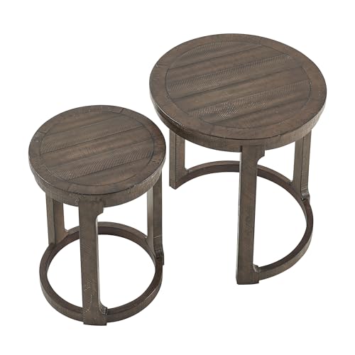 Round End Side Table Set of 2, Handcraft Nesting Table for Living Room, Modern Wood Circle Style, Easy Assembly, Dark Brown - color: S1-2pcs-dark Brown