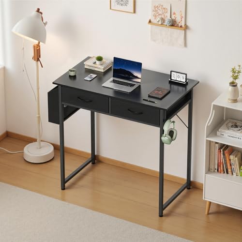 OLIXIS 32 Inch Small Desk, Gaming Computer Desk, Side Bag | Fabric Drawers, Headphone Hook, Home Office, Work Table, Writing Study, Bedroom, Black - color: Black, size: 32 in