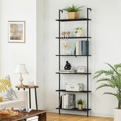 HOOBRO DIY Ladder Shelf, 6-Tier Wall Mounted Bookshelf, Office Vertical Bookcase, Wooden Storage Shelves for Home Office, Bedroom, Black BB65CJ01 - color: Black
