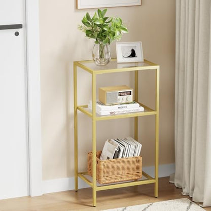 Gold Side Table with Tempered Glass,End Table with Storage Shelve | 3-Tier Small Gold Nightstand, Tall Table Stand for Home Decor, Living Room, Bedroom, Office, Gold - size: 1 Pack