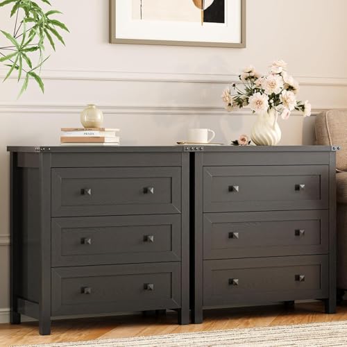 Xixini Farmhouse Nightstand with 3 Storage Drawers, 27.55" Wide Wood Bedside Table, Modern Side Table with Metal Handle, End Table for Bedroom, Black - color: Black