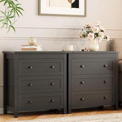 Xixini Farmhouse Nightstand with 3 Storage Drawers, 27.55" Wide Wood Bedside Table, Modern Side Table with Metal Handle, End Table for Bedroom, Black - color: Black