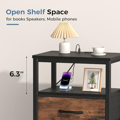 DUMOS Nightstand with Charging Station, Bedside Table with 1 USB-A, 1 USB-C & 2 AC Outlets, Fabric Drawer with Adjustable Open Shelf, Compact End Table for Bedroom, Black & Brown - color: Black and Brown, size: 15.7"Dx11.8"Wx23.4"H(1 Drawer, 1 Pack)